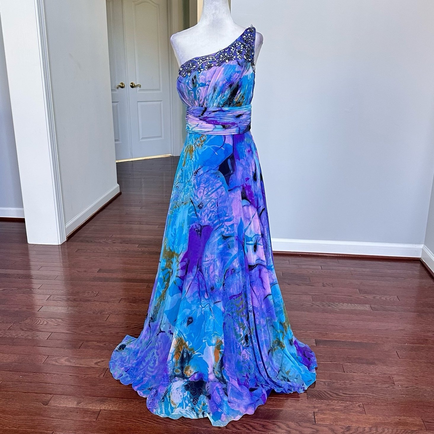 Jump Apparel Blue Purple Hues One Shoulder Floral Embellished Beaded Gown Dress
